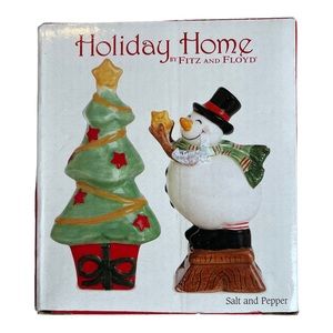 “HOLIDAY HOME” Snowman decorating Xmas Tree Salt & Pepper Set by Fitz & Floyd